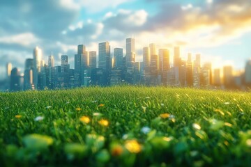 sunlit green meadow with wildflowers in the foreground overlooking a modern city skyline at golden hour, a tranquil and hopeful contrast of nature and urban life