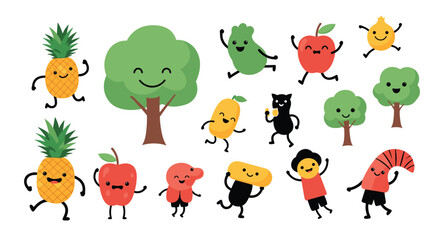 Obraz premium A cheerful and diverse collection of cute cartoon fruits, vegetables, and trees dancing happily, representing health and fun.