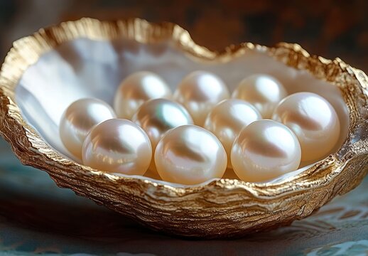 lustrous white pearls resting inside a gold-edged oyster shell evoking refined elegance and serene luxury - Powered by Adobe
