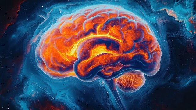 A luminous orange and yellow brain with visible cerebellum floating in a swirling blue cosmic nebula and stars, radiating intense energy and cosmic wonder - Powered by Adobe