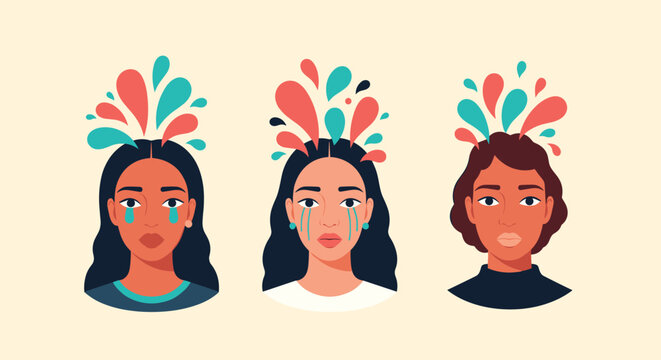 Three women with vibrant splashes of thoughts and emotions emerging from their heads, two openly crying, symbolizing mental health awareness.