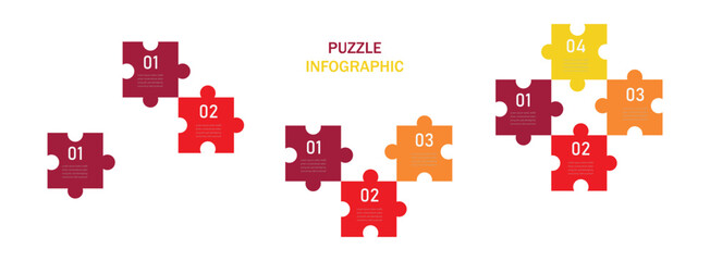Colorful square puzzle stages. Set of 1-4 option infographic templates with puzzle sections for presentations, advertising, layouts, annual reports. 