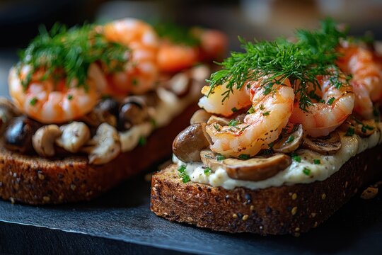 Toasted multigrain bread slices topped with creamy spread, sautéed mushrooms, plump cooked shrimp and fresh dill, an appetizing gourmet open-faced sandwich