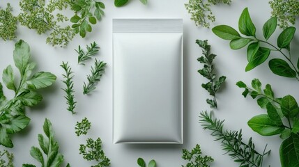 minimal white sealed pouch surrounded by fresh green herb sprigs and leaves on a clean white background conveying calm natural freshness