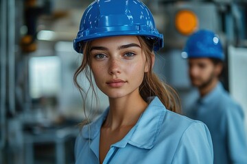 Two factory workers in blue hard hats and light blue uniforms standing in an industrial plant, focused and confident among machinery and equipment