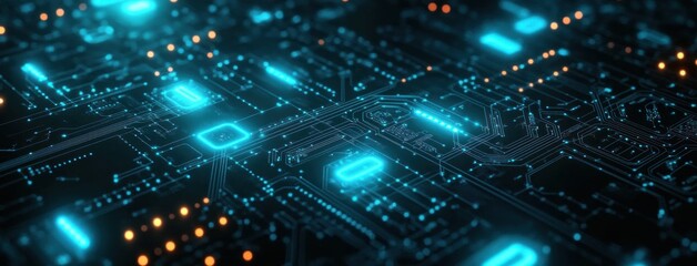 Close-up of glowing blue circuit board with illuminated microchips and intricate traces, futuristic high-tech energy and digital network vibe