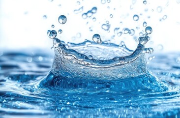 Close-up of a blue water droplet creating a crown splash with suspended droplets, crisp and refreshing motion