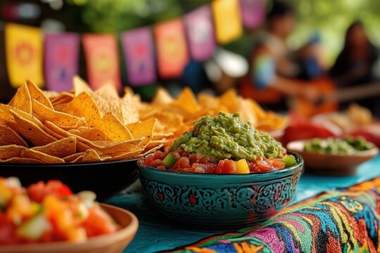 Festive outdoor spread of tortilla chips with bowls of guacamole and fresh tomato salsa on a colorful patterned tablecloth, lively inviting party atmosphere