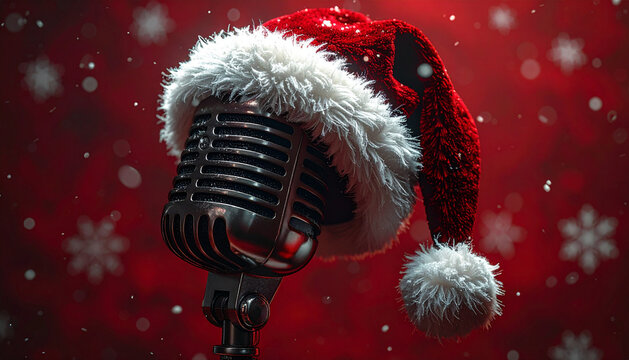 Christmas Caroling: Vintage Microphone with Santa Hat - Powered by Adobe