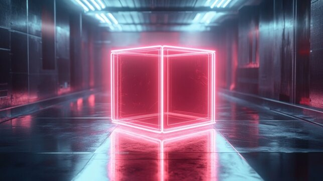glowing pink neon cube floating in a reflective futuristic corridor with blue overhead lights, metallic walls and wet floor, evoking a mysterious surreal mood