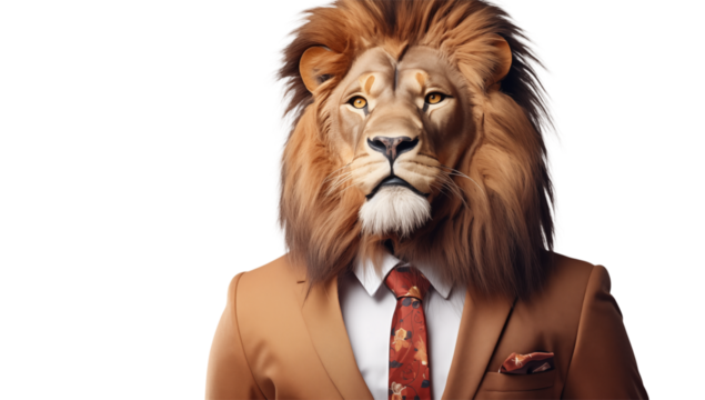 Majestic Lion in Business Attire: Corporate Leader Persona on transparent background png
