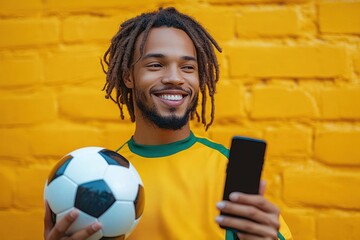 young athlete in yellow jersey holding soccer ball and smartphone against a bright yellow brick wall, confident and proud pose