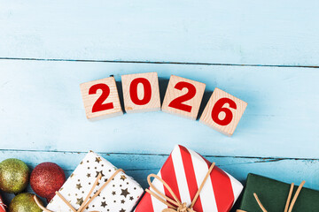 Happy New Year 2026, Christmas 2026, Christmas gifts placed in a festive atmosphere 