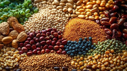 Vibrant assortment of seeds, grains, legumes, peanuts and nuts arranged in colorful mounds, a warm rustic display evoking abundance and wholesome comfort