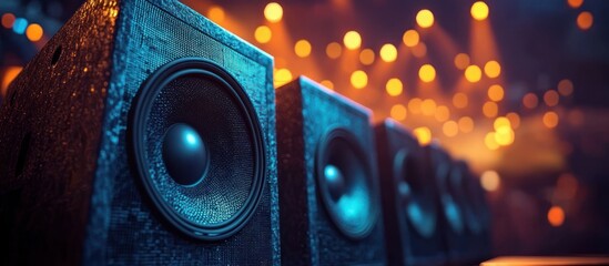 Close-up row of blue-lit textured speaker cabinets with visible speaker cones and warm orange bokeh stage lights, creating a vibrant energetic concert atmosphere
