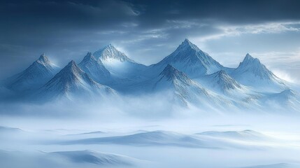 Serene misty snow-covered jagged mountains rising above a fog-filled snowy valley under a cold blue overcast sky