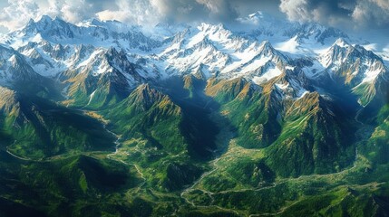 Aerial view of snow-capped mountain range with sunlit green valleys, winding rivers, cloud-filled sky, and a majestic tranquil atmosphere