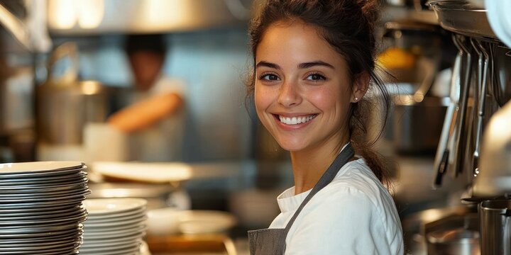 female chef in apron standing by stacked plates and stainless steel pots in a busy restaurant kitchen, focused and professional in warm light