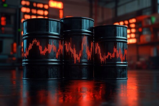 Three black metal oil barrels in a dim industrial warehouse with a glowing red fluctuating stock graph wrapped around them, wet reflective floor and tense ominous mood