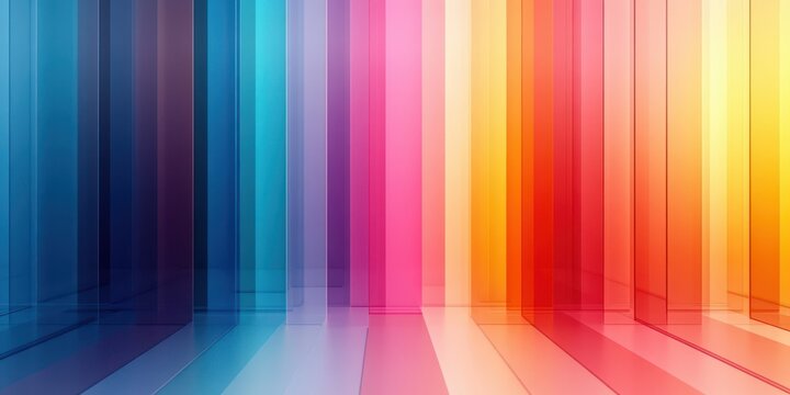 Vibrant translucent vertical glass panels forming a gradient corridor with reflective glossy floor, colorful blue to pink to yellow hues, modern uplifting and serene abstract scene