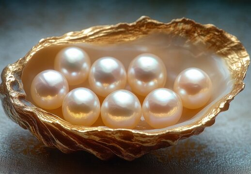 Eight lustrous pearls resting in a golden oyster shell, evoking elegant luxury and serene beauty