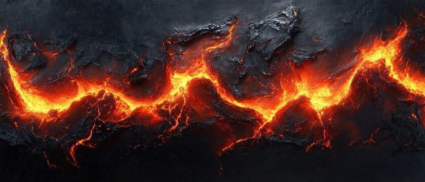 Blazing molten lava fissure snakes through cracked dark volcanic rock, intense orange glow and dramatic primal heat