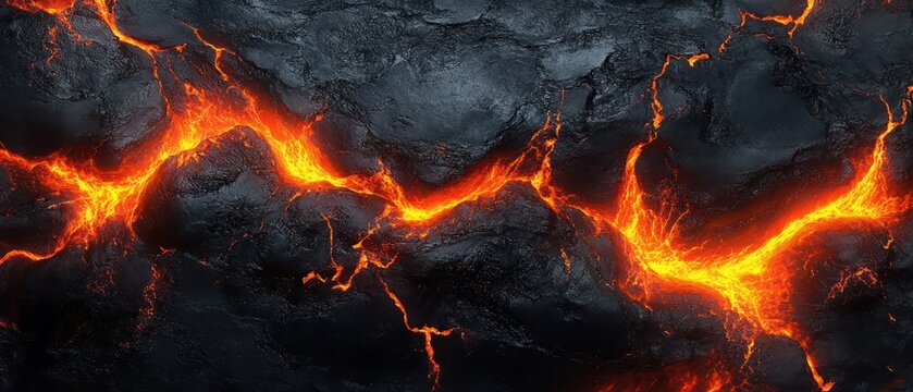 Glowing molten lava searing through jagged cracked black volcanic rock, dramatic intense fiery fissures and smoldering heat - Powered by Adobe