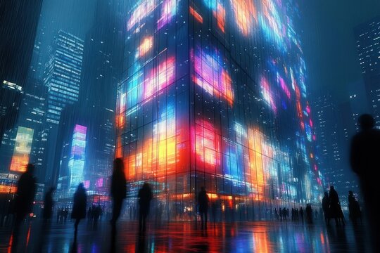 Rainy neon-lit city night with towering glass skyscraper wrapped in glowing digital screens, wet reflective streets and blurred silhouetted pedestrians, moody futuristic atmosphere