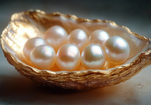 lustrous round pearls resting in a gold-edged open shell, bathed in soft warm light conveying elegant precious serenity
