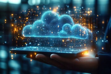 Hand holding a smartphone projecting a glowing holographic cloud made of digital particles and lights, evoking a futuristic connected atmosphere