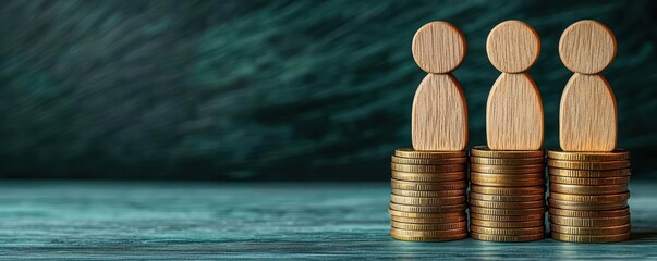 Three wooden human figures standing on stacks of coins on a teal wooden surface conveying financial stability equality and teamwork