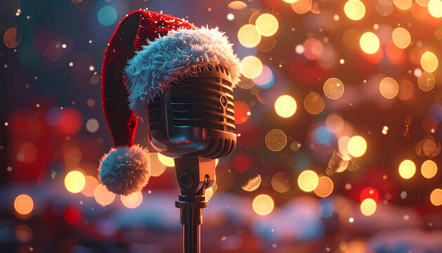 Christmas Caroling: Vintage Microphone with Santa Hat - Powered by Adobe