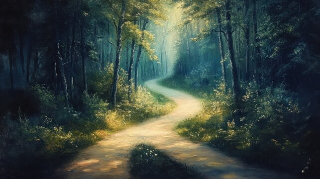 Winding sunlit forest path through dense green trees and undergrowth, dappled light and soft mist creating a tranquil, inviting woodland
