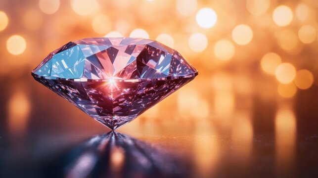 single sparkling faceted diamond resting on a reflective surface with warm golden bokeh lights in the background, evoking luxury and awe - Powered by Adobe