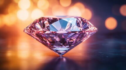 pink purple faceted diamond gemstone on reflective surface with warm bokeh lights conveying elegant luxurious sparkling glamour