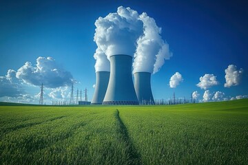 three massive cooling towers billowing white steam above a wide green field with a narrow path leading toward power lines and pylons under a vivid blue sky, a striking contrast of industry and calm