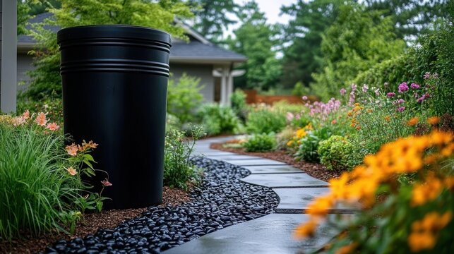 Curved stone garden pathway with smooth stepping stones and black river rocks, colorful flowering beds, lush greenery and a tall black garden bin creating a peaceful inviting scene