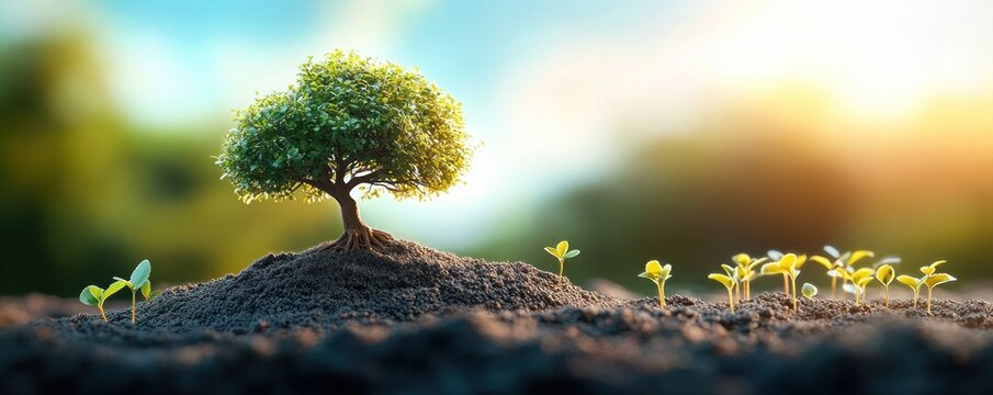 Lone small tree on a soil mound with young seedlings sprouting nearby, warm sunrise light and a hopeful serene atmosphere