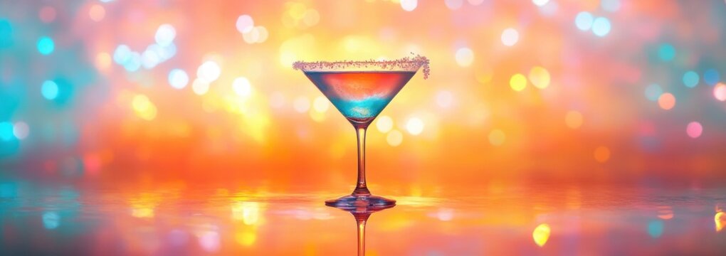 colorful layered cocktail in a martini glass with sugared rim reflected on a glossy surface against warm bokeh lights, festive and dreamy mood