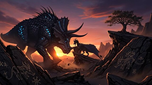 Epic battle of titans as dragon faces dinosaur in the prehistoric sunset landscape