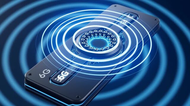 Futuristic mobile device antenna emitting wireless signal technology for network connectivity showcasing advanced smartphone 6G signal innovation - Powered by Adobe
