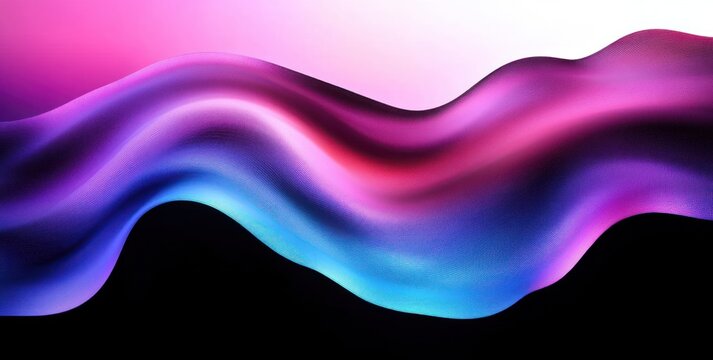 Silky multicolored flowing wave over black background with glowing pink, purple and blue gradient, smooth undulating curves conveying serene and dynamic motion