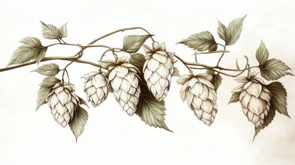 detailed botanical illustration of hop vine with clustered hop cones and leaves, delicate sepia sketch evoking calm natural elegance