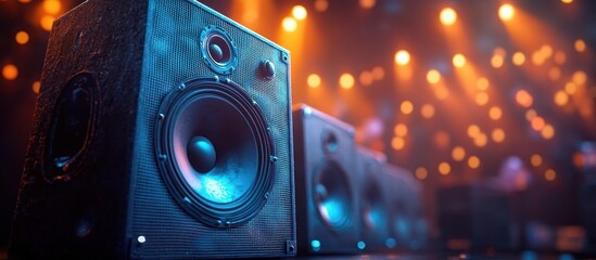 Close-up of a row of stage speakers with textured grilles and blue-lit cones, glowing orange bokeh stage lights creating an energetic concert atmosphere
