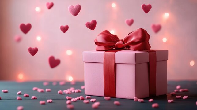Pink gift box with red satin bow surrounded by floating pink hearts and scattered heart confetti, warm bokeh lights creating a romantic, joyful atmosphere