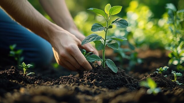hands gently planting a young seedling in rich soil with sunlit green background conveying care and hopeful growth