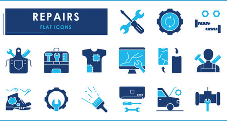 A set of flat icons related to Repair. Tools, cloth, car, plumbing, computer, shoe, maintenance, fixing, restoration, replacement, diagnostic, and so on.