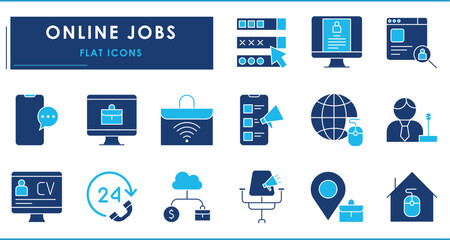 A set of flat icons related to Online jobs. Freelancer, options, CV, hire, home, network, worldwide, earning, passive income, vacancy, call center, and so on.