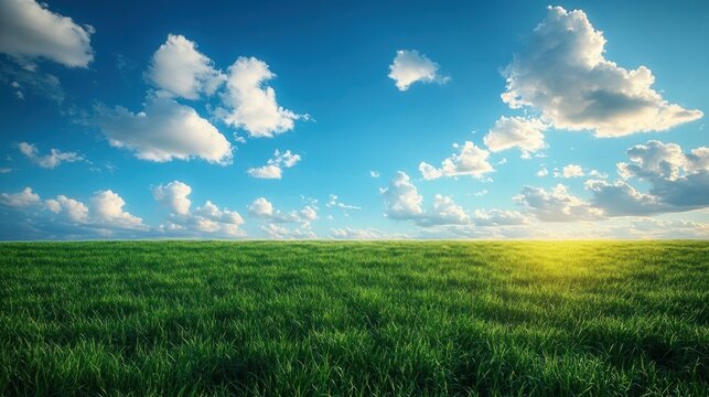 sunlit green meadow under a wide blue sky with fluffy clouds, peaceful horizon evoking calm and hopeful serenity - Powered by Adobe