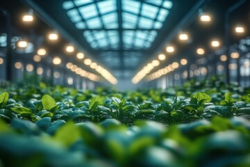 rows of young green plants in a spacious illuminated greenhouse with a glass skylight and warm hanging lights, serene hopeful atmosphere